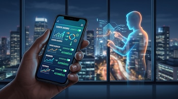 Una mano sostiene un teléfono con gráficos financieros junto a una figura luminosa frente a una ventana con vistas a la ciudad de noche.