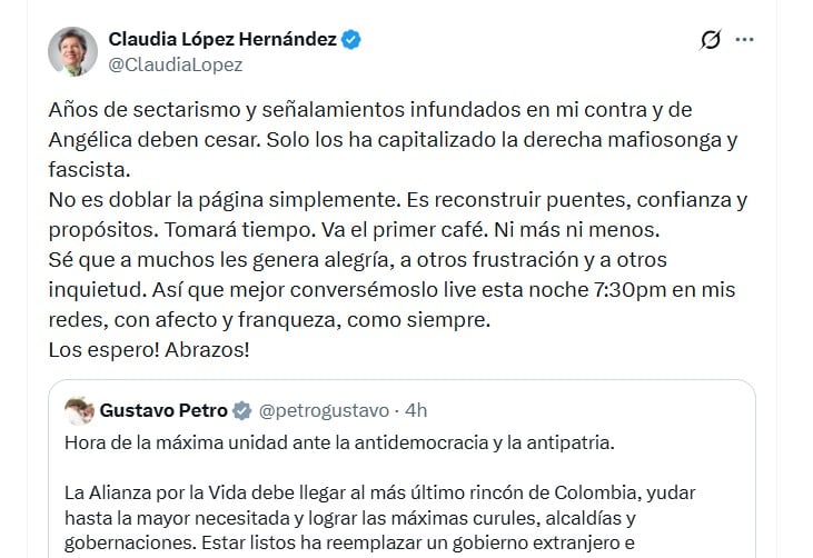 Claudia López reconoció que el reencuentro genera opiniones encontradas entre sus seguidores, pero defendió la necesidad de reconstruir puentes y confianza - crédito @ClaudiaLopez/X
