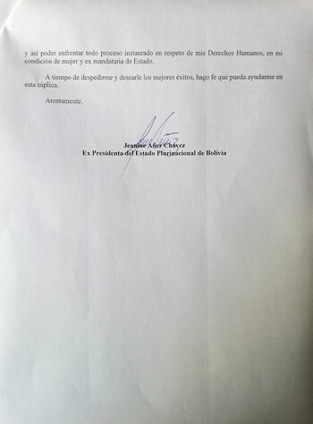 En la misiva, Jeanine Añez