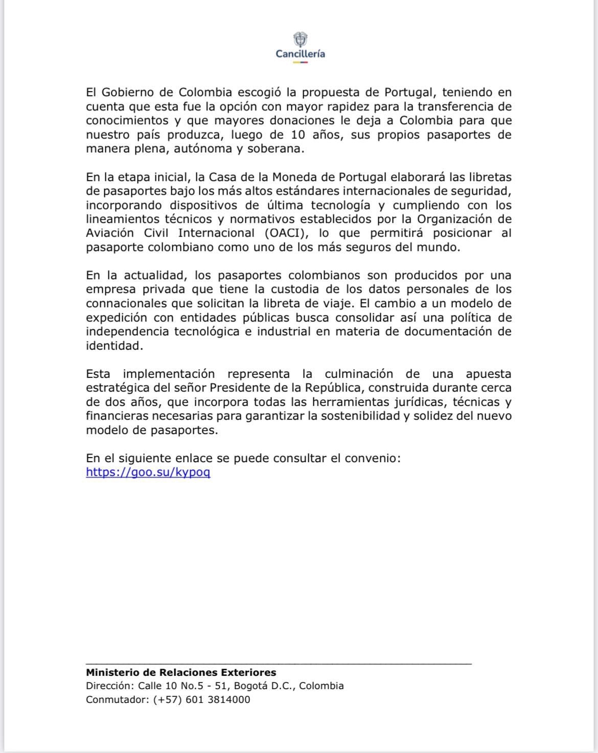 Casa de la Moneda de Portugal fabricará libretas de pasaportes bajo estándares internacionales de seguridad - crédito Cancillería de Colombia