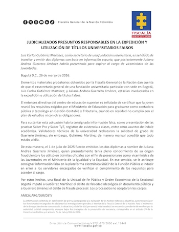 La investigación detalla que los títulos fueron expedidos sin que Guerrero cumpliera con los requisitos académicos y pruebas Saber Pro y Saber TyT - crédito Fiscalía