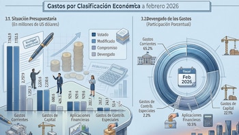 Gráfico de la ejecución presupuestaria a febrero de 2026, según datos del Ministerio de Hacienda de El Salvador. (Visuales IA)