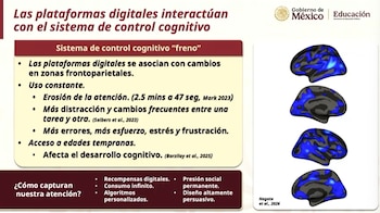 Una infografía con texto sobre el impacto de plataformas digitales en el cerebro y cuatro imágenes de modelos cerebrales con zonas frontoparietales iluminadas en azul