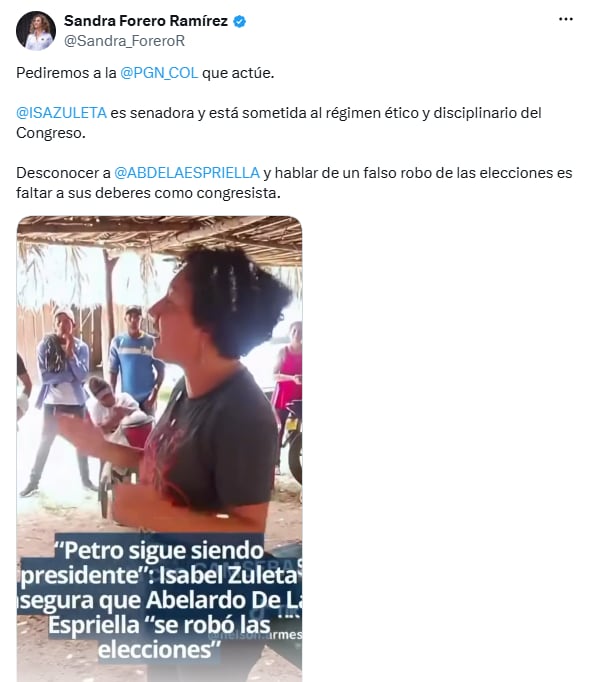 La concejal de Bogotá, Sandra Forero, se pronunció sobre las declaraciones de Isabel Zuleta - crédito @Sandra_ForeroR/X
