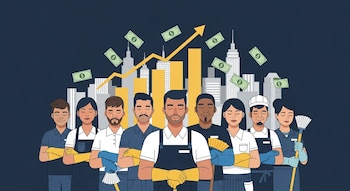 Ilustración de ocho trabajadores de limpieza hotelera con uniformes y guantes, de pie ante rascacielos de Manhattan, un gráfico de barras ascendente y billetes de dólar flotantes.
