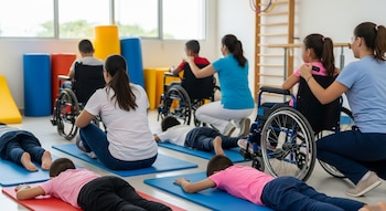 Varios niños y adultos en una sala de terapia física con colchonetas, sillas de ruedas y equipo de ejercicio. Algunos niños están recostados en el suelo.