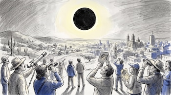 Ilustración a lápiz de personas observando un eclipse solar con telescopios, binoculares y filtros, sobre un paisaje de cactus, casas y edificios.