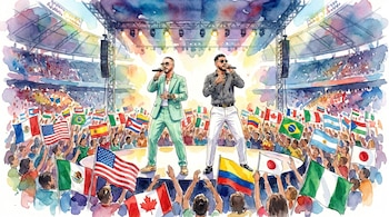 J Balvin y Ryan Castro cantando en un escenario iluminado dentro de un estadio, rodeados por una multitud de fans con banderas de varios países.