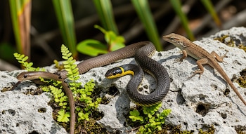Un lagarto, una serpiente de collar y una serpiente marron delgada se encuentran sobre roca caliza con vegetacion tropical.
