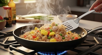 Arroz frito con pollo, camarones y verduras salteado en una sartén sobre una estufa con llama azul. Una mano lo mezcla con una espátula y vapor se eleva.
