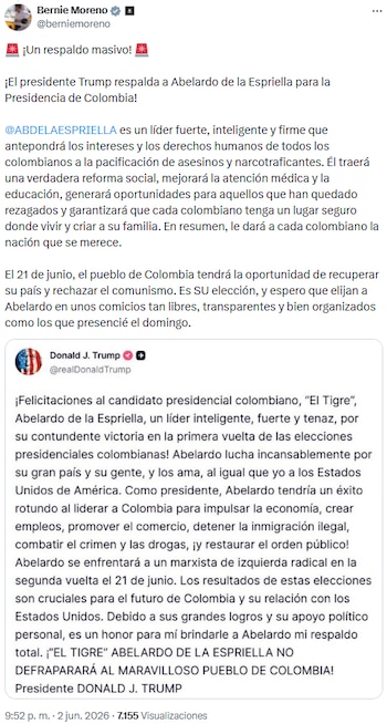 Bernie Moreno destacó “respaldo masivo” de Donald Trump a Abelardo de la Espriella y llamó a rechazar el comunismo en Colombia - crédito @berniemoreno/X