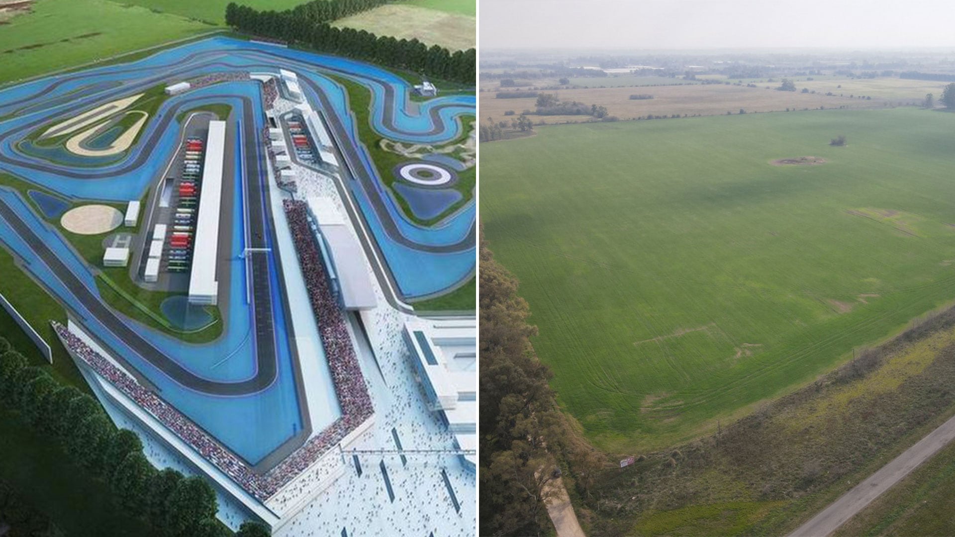 A la izquierda, uno de los render del circuito y a la derecha cómo lució el predio en 2022 antes de venderse por 750.000 dólares (Fotos: Velociudad e Inmobiliaria Coarasa)