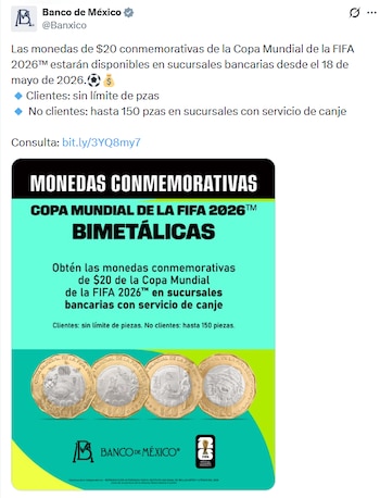 El Banco de México lanzó una colección especial de monedas alusivas a la Copa del Mundo 2026, resaltando los símbolos, historia y cultura nacionales. (X/ @Banxico)