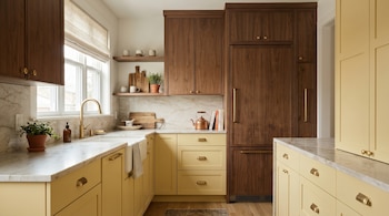 Cocina con gabinetes superiores color nogal y gabinetes bajos amarillos. Encimeras de mármol y grifería dorada. Plantas, tabla de cortar y utensilios.