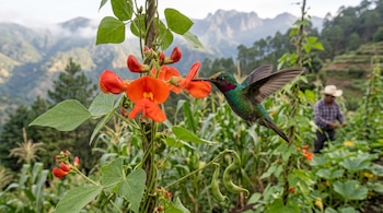 Un colibrí en vuelo con el pico en una flor roja de enredadera, junto a vainas verdes, una milpa, un agricultor y montañas de fondo.