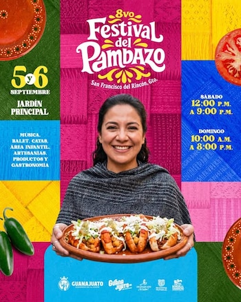 Cartel promocional con una mujer sosteniendo un plato con pambazos, chiles, jitomate y texto informativo sobre un festival gastronómico