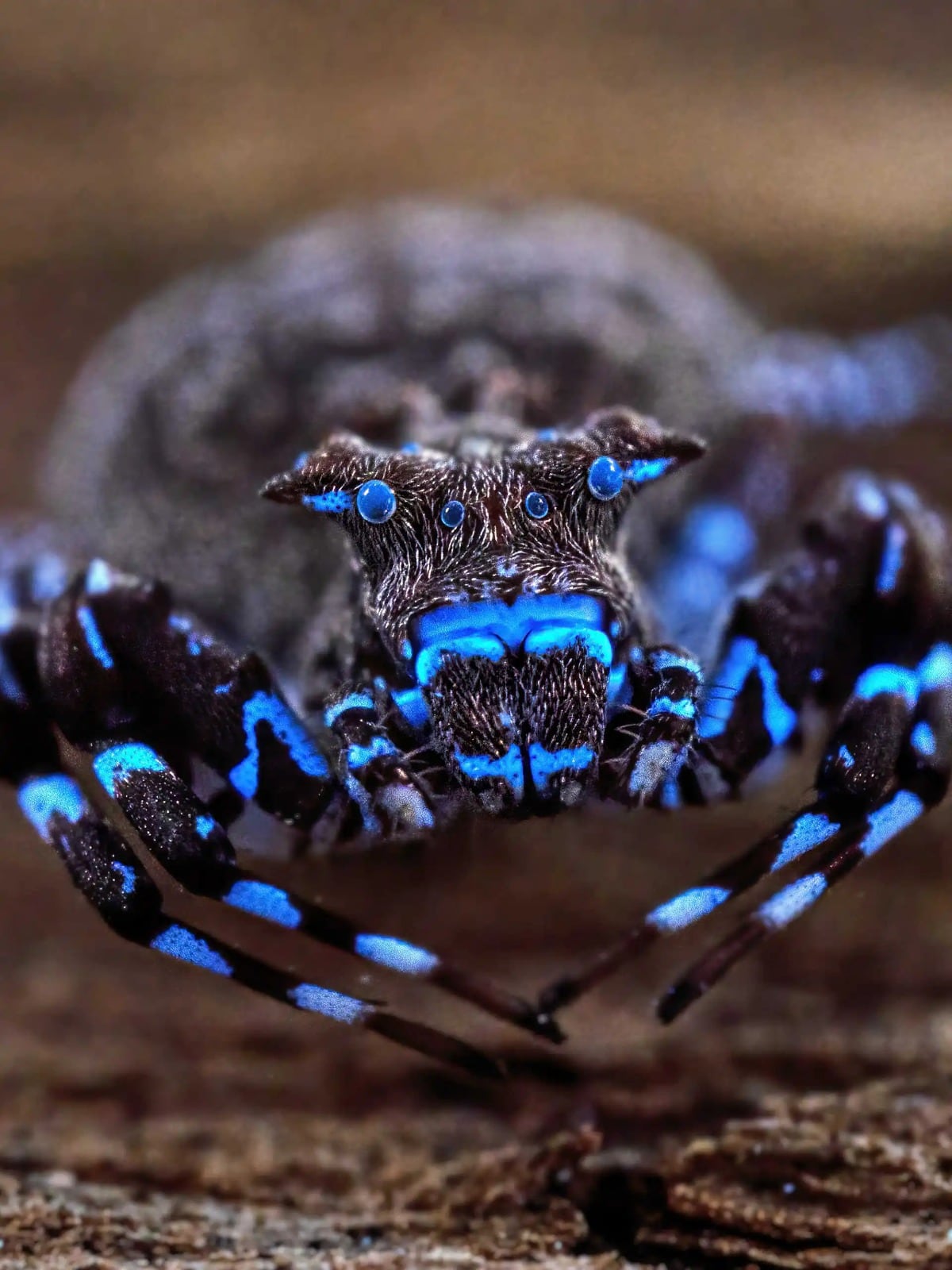 Araña cangrejo coronada que brilla con luz azul bajo radiación ultravioleta, uno de los hallazgos más llamativos de la expedición científica en Lisima (The Wilderness Project)