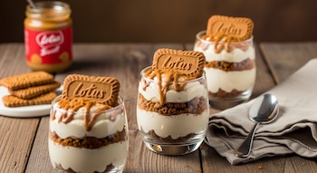 Tres postres en vasos de cristal con capas de crema blanca y migas de galleta, coronados con una galleta Lotus Biscoff y sirope caramelo sobre una mesa de madera.
