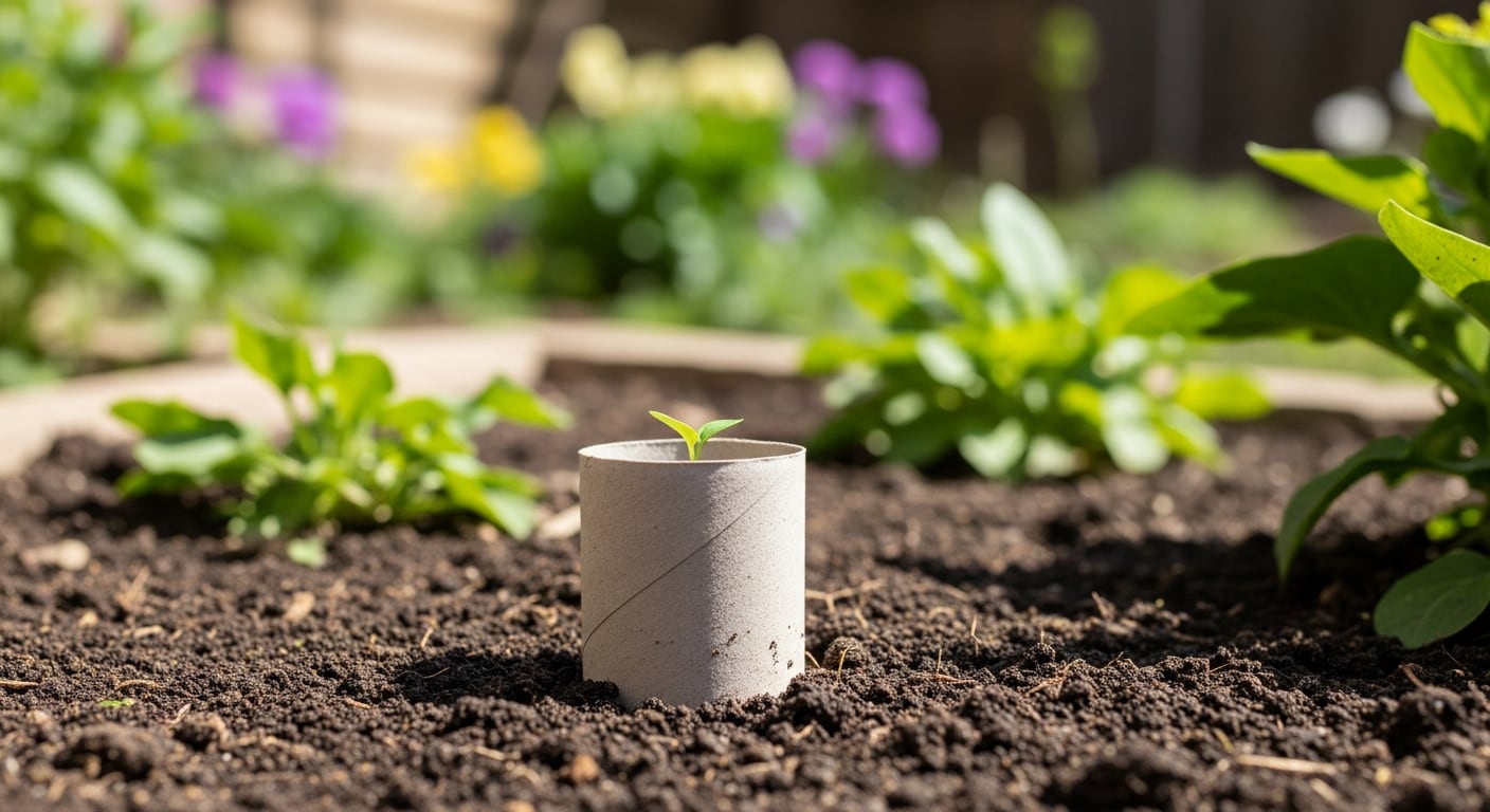 Un pequeño brote emerge de un cartón de papel higiénico reutilizado como semillero ecológico en un jardín casero, demostrando prácticas de jardinería sostenible. (Imagen Ilustrativa Infobae)