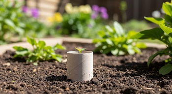 Un pequeño brote verde crece dentro de un tubo de cartón de papel higiénico, plantado en tierra oscura de un jardín, con otras plantas verdes borrosas al fondo.