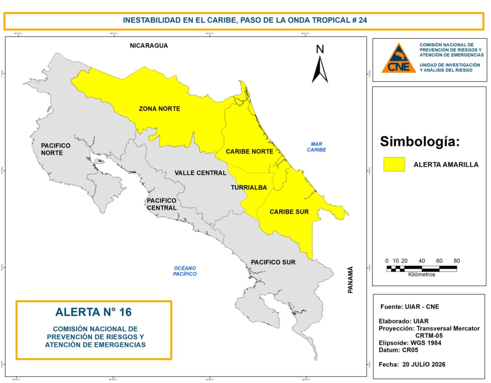 La CNE declaró alerta amarilla para la Zona Norte, el Caribe y el cantón de Turrialba ante el incremento de las lluvias. Crédito: CNE