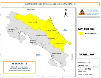 La CNE declaró alerta amarilla para la Zona Norte, el Caribe y el cantón de Turrialba ante el incremento de las lluvias. Crédito: CNE