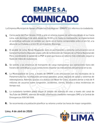 Documento digital con un comunicado oficial de EMAPE S.A. y la Municipalidad de Lima, detallando medidas de tránsito para la Panamericana Sur