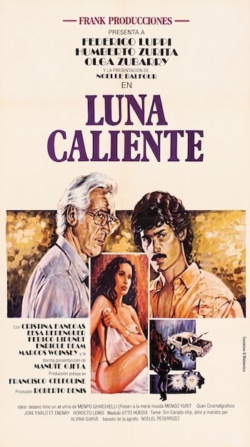 Afiche de película con el título Luna Caliente e ilustraciones de dos hombres, una mujer cubierta con una sábana y un automóvil accidentado.