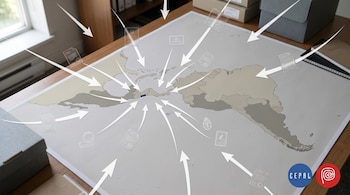 Mapa de América Latina y el Caribe resaltando El Salvador en azul intenso, con flechas e iconos de patentes indicando la llegada de tecnología extranjera. Logos de CEPAL y Oficina Europea de Patentes.