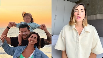 Fotografía doble con una foto familiar en la playa a la izquierda y Korina Rivadeneira hablando a la cámara a la derecha