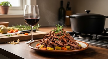 Un plato de carne desmenuzada humeante con zanahorias y apio, una ramita de romero, copa de vino tinto, tabla de cortar con vegetales y una olla en la cocina.