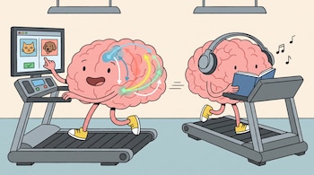 Dos cerebros caricaturizados en cintas de correr. Uno clasifica imágenes en una pantalla; el otro lee un libro con auriculares. Flechas de colores dentro del cerebro.