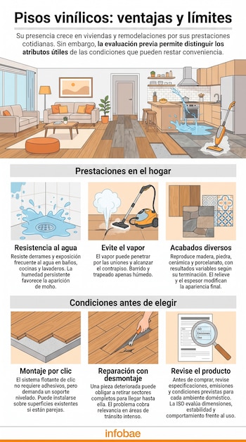 Infografía con una ilustración panorámica de una casa y seis recuadros informativos sobre las características de los pisos vinílicos.
