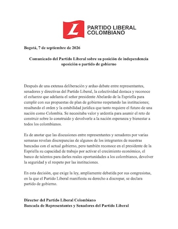 La colectividad comunicó su postura mediante un documento firmado por sus directivas y por las bancadas del Senado y la Cámara de Representantes - crédito @PartidoLiberal/X
