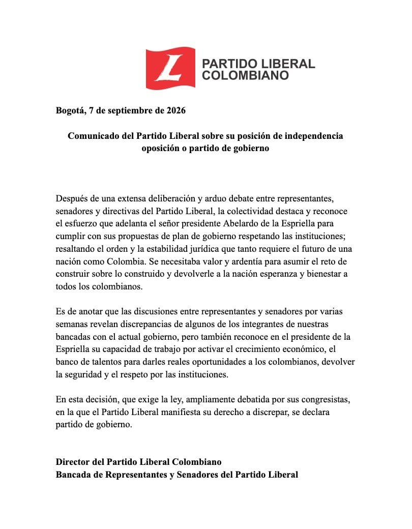 La colectividad comunicó su postura mediante un documento firmado por sus directivas y por las bancadas del Senado y la Cámara de Representantes - crédito @PartidoLiberal/X