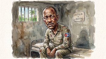 Ilustración en acuarela de un hombre con heridas sentado en una celda con barrotes, parche de la bandera de Cuba y cartel en la pared.