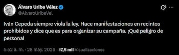 Álvaro Uribe Vélez cuestionó en X los actos masivos de la campaña de Iván Cepeda y aseguró que el candidato estaría incumpliendo las restricciones electorales vigentes - crédito Álvaro Uribe Vélez/X