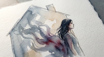 Ilustración acuarelada de mujer joven de perfil con cabello oscuro, de pie al borde de una casa dibujada con líneas finas y sombras azul-violeta que se extienden.