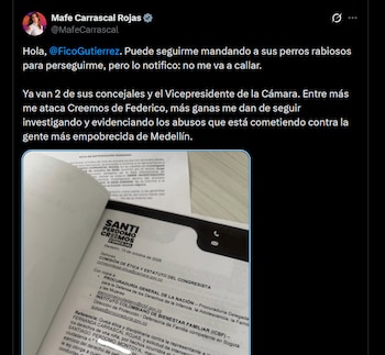 María Fernanda Carrascal atribuyó los ataques al alcalde Federico Gutiérrez y anunció que continuará con las investigaciones sobre presuntos abusos en Medellín - crédito X