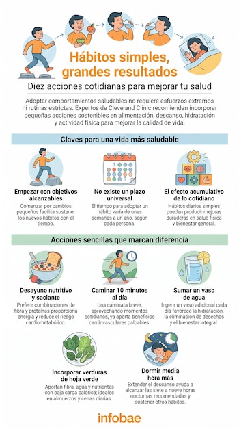 Infografía con ilustraciones de personas caminando, comiendo, bebiendo y durmiendo, con textos sobre hábitos saludables y el logo de Infobae.