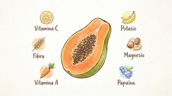 Dibujo de una papaya partida por la mitad, rodeada por iconos que representan Vitamina C, Fibra, Vitamina A, Potasio, Magnesio y Papaína.