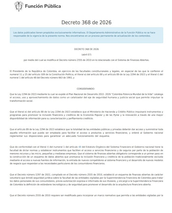 El Decreto 368 estableció nuevas reglas para el Sistema de Finanzas Abiertas - crédito Función Pública