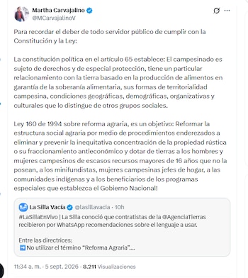 La exministra Martha Carvajalino rechazó directriz de la ANT de no utilizar con recurrencia la palabra campesino y el término reforma agraria - crédito @MCarvajalinoV/X