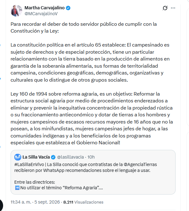 La exministra Martha Carvajalino rechazó directriz de la ANT de no utilizar con recurrencia la palabra campesino y el término reforma agraria - crédito @MCarvajalinoV/X