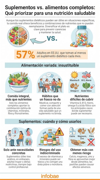 Infografía muestra un plato de comida variada frente a un frasco de pastillas, texto informativo, estadísticas, personas y diversos iconos de nutrientes.