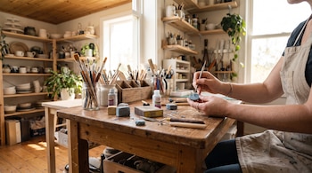 Una persona esculpe un objeto de arcilla azul con una herramienta fina sobre un escritorio de madera repleto de herramientas de arte.