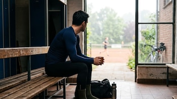 Hombre de espaldas con ropa deportiva azul y negra, sentado en banco de madera. Sostiene taza de café. Taquillas azules, ventana y pista de atletismo