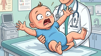 Un médico con bata blanca sujeta a un bebé en una camilla. El bebé, vestido de azul, tiene los brazos y piernas extendidos y la boca abierta, reaccionando con sobresalto.