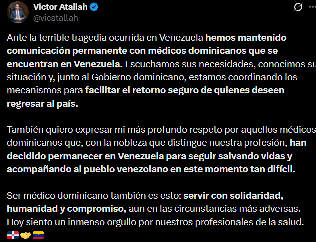 El ministro de Salud Pública, Víctor Atallah, destacó la comunicación permanente con los médicos dominicanos en Venezuela y subrayó el compromiso del gobierno con su retorno seguro.