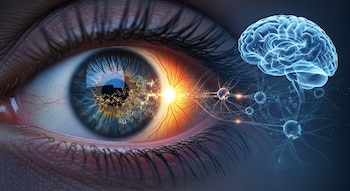 Primer plano de un ojo humano con retina detallada y vasos sanguíneos que se conectan a una red neuronal y un cerebro translúcido. Hay patrones luminosos en la retina.